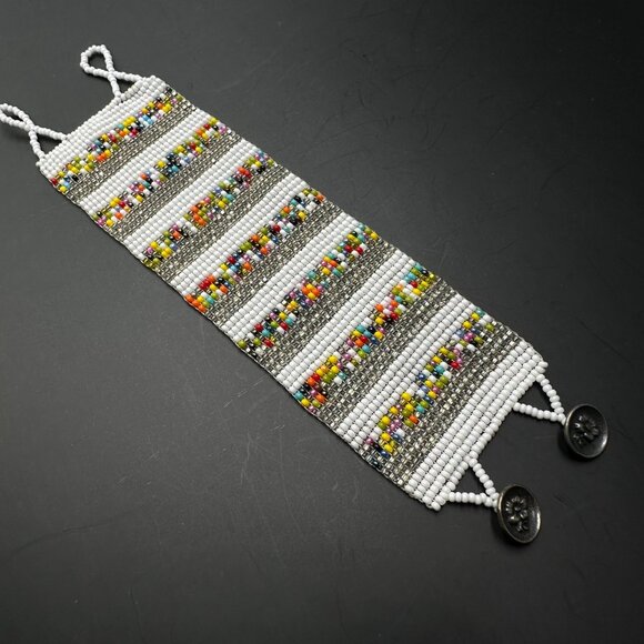 Beaded Bracelet Wide Cuff Multicolor Seed Beads White Silver Tone 925 Clasp 7.5" - Picture 2 of 9